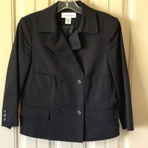 Calvin Klein dark navy blue double breasted 3/4 sleeve blazer jacket